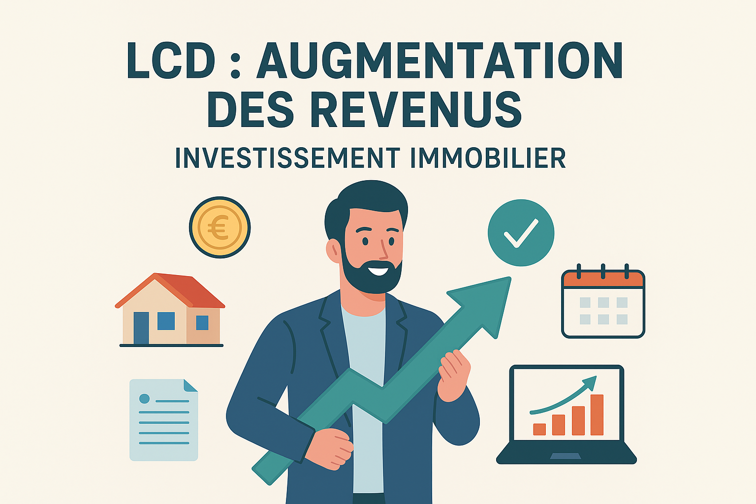 7 stratégies LCD pour booster vos revenus immobiliers : Illustration d’un investisseur tenant une flèche verte symbolisant l’augmentation des revenus en location courte durée, entouré d’icônes liées à l’investissement immobilier comme une maison, un calendrier et un graphique de croissance.